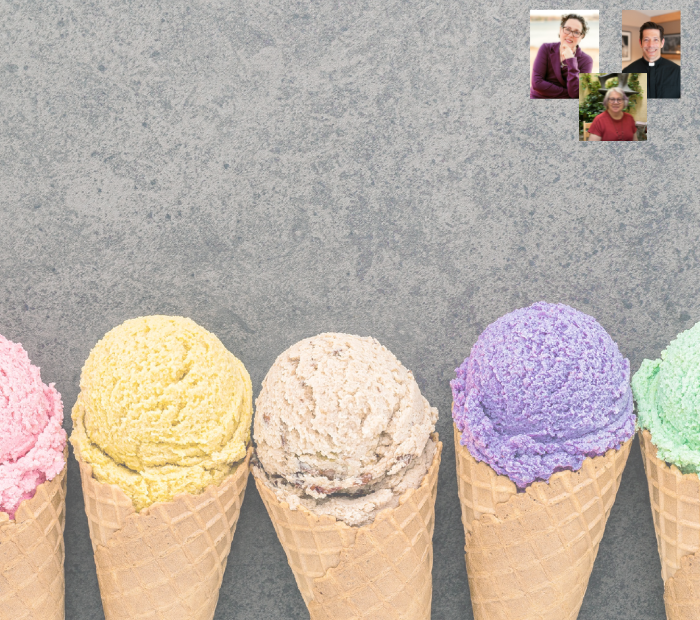 Four ice cream cones with different colored scoops on a gray background