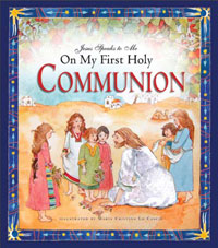 Book cover of 'On My First Holy Communion' with a colorful illustration of children and Jesus.