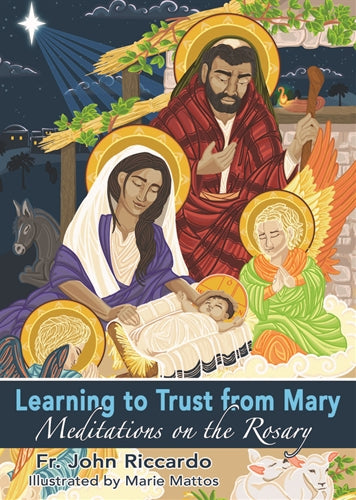 Cover of 'Learning to Trust from Mary' with religious illustration of Joseph, Mary, and baby Jesus.