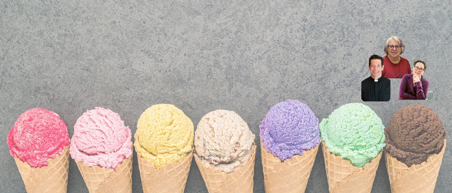 ice-cream cones on pavement with three headshots of people