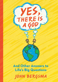 Book cover of 'Yes, There is a God' with a thought bubble and world map illustration on a yellow background.