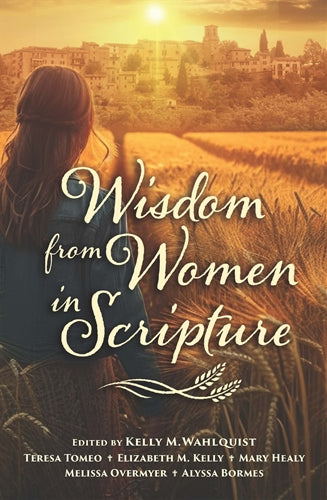 Book cover of 'Wisdom from Women in Scripture' with a person in a field and sunset.